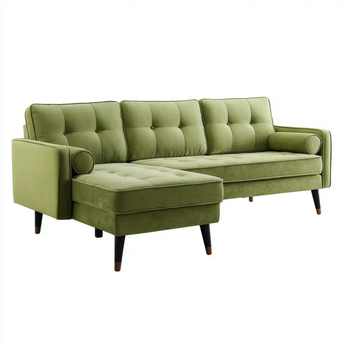Sofa, Rożna sofa 3 oliwkowe zielone miejsca z szezlongiem lewo w poliestrowym aksamitu 220 x 145 x 85 cm