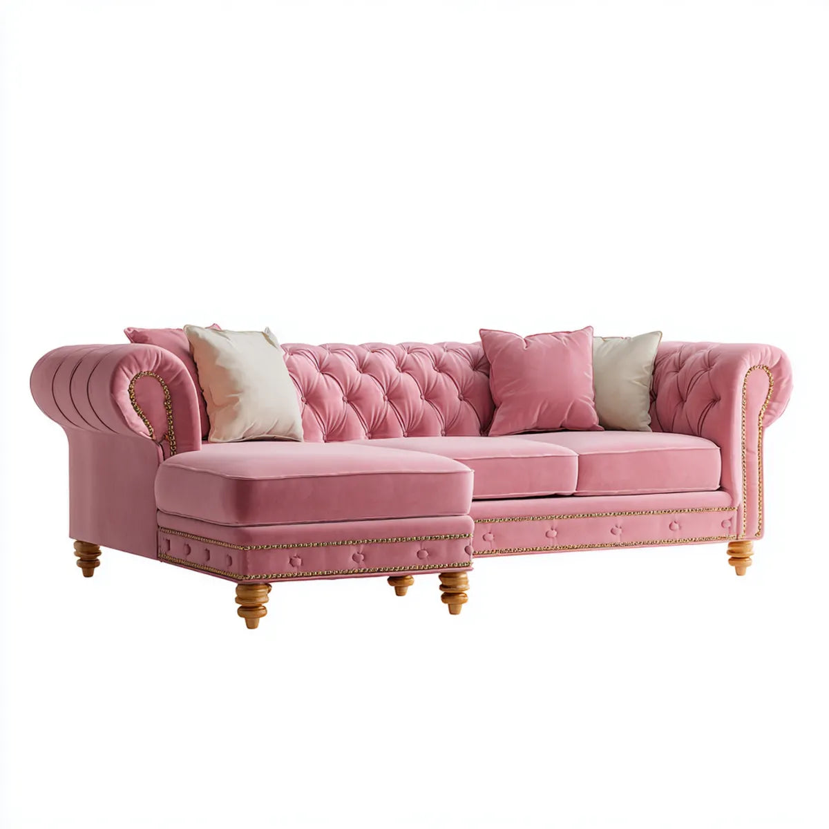 Sofa, Kanapa narożna 3 fotele z krzesełkiem i różowym, poliestrowym aksamitem efekt 275 x 165 x 78 cm