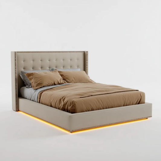 Łóżko podwójne 160 x 200 cm beżowy poliester z deską rozdzielczą i LED Oświetlenie