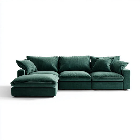 Sofa, Kanapa narożna z krzesełkiem z lewym ciemnozielonym poliestrem aksamitem 285 x 165 x 85 cm