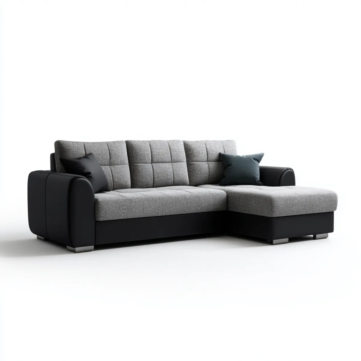 Sofa, Rożna sofa 3 miejsca szaro-czarne z krzesełkiem w prawo w poliestrze i PU 250 x 150 x 85 cm L