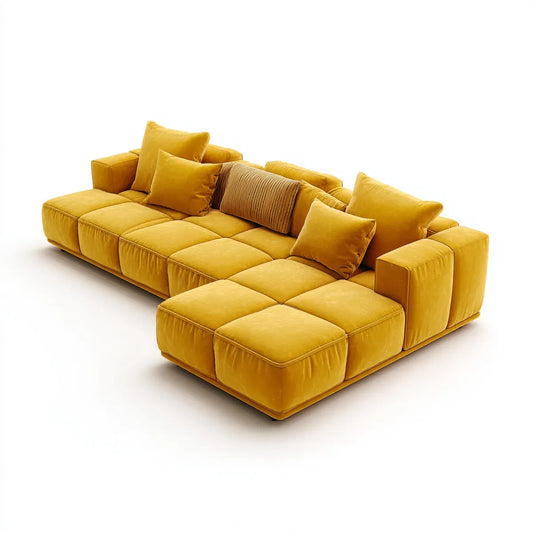 Sofa, Kanapa narożna z krzesełkiem żółtym 300 x 190 cm w poliestrowym aksamicie L