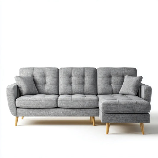 Sofa, Kanapa narożna 3 fotele z krzesełkiem z prawej szarej poliestru 230 x 145 x 85 cm