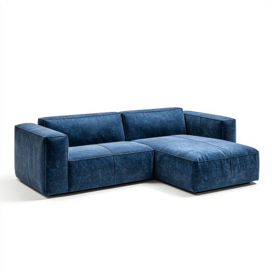 Sofa, Kanapa narożna 3 fotele z krzesełkiem z prawej niebieskiej, 260 x 160 x 85 cm w mikrofibrze poliestrowym