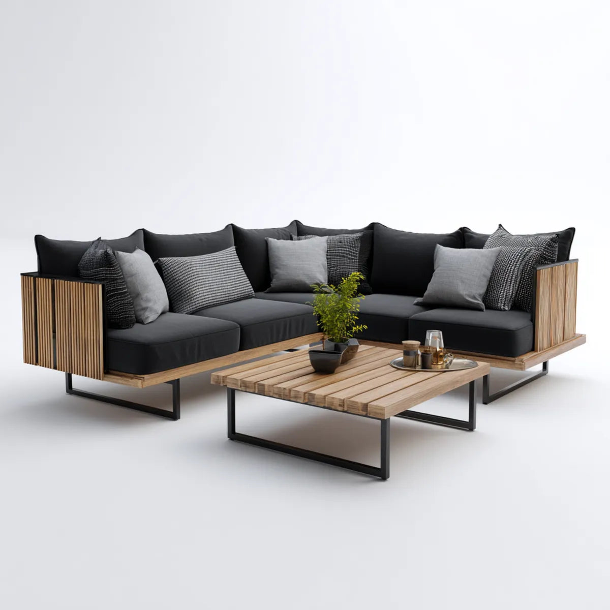 Sofa ogrodowa, Taras Lounge zestaw kanapa z kawy stolik czarny charakter 260 x 200 cm Acacia Drewna Polyester kształt litery L