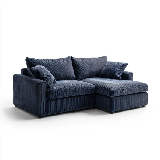 Sofa, Kanapa narożna z ciemnoniebieskim krzesełkiem z aksamitem z poliestru, z wstążką 210 x 150 x 85 cm