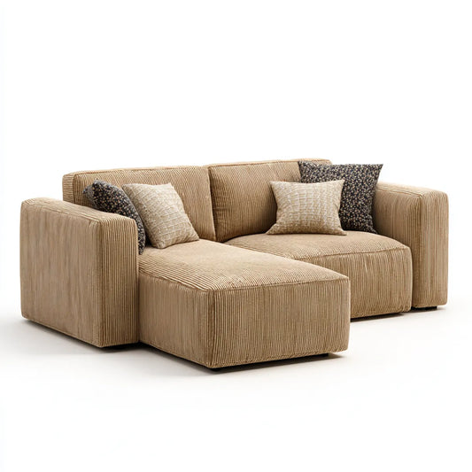 Sofa, Modułowa sofa 2 fotele z pufs beige 220 x 105 x 78 cm w aksamicie z poliestrowym, żebrowanym prostokątnym kształtem