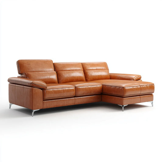 Sofa, Kanapa narożna 3 fotele z krzesełkiem z prawej koniaku skóra PU 270 x 165 x 88 cm