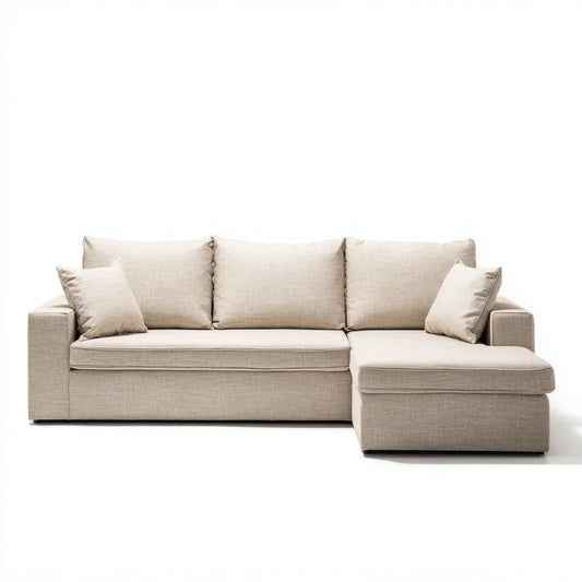 Sofa, Rożna sofa 3 beżowe poliestrowe fotele z krzesełkiem z prawej strony 250 x 160 x 85 cm