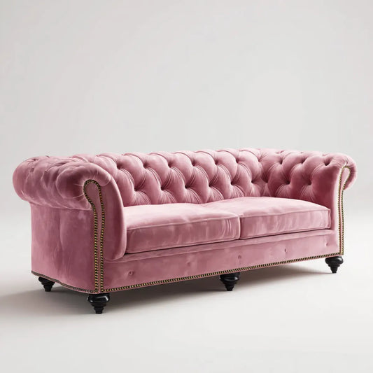 Sofa, Chesterfield sofa 3 siedzenia różowe w poliestrowym aksamicie 220 x 95 x 78 cm prostokątna