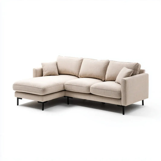 Sofa, Lewy kąt sofa 3 beżowe poliestrowe fotele z krzesełkiem longue 250 x 160 x 84 cm