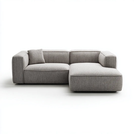 Sofa, Kanapa narożna z krzesełkiem z prawej szarej części w poliestrowym buclé 250 x 160 x 75 cm