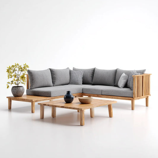 Sofa ogrodowa, Taras salon zestaw szary z drewna acacia z sofą w kształcie litery L i 2 stoły 250 x 180 cm