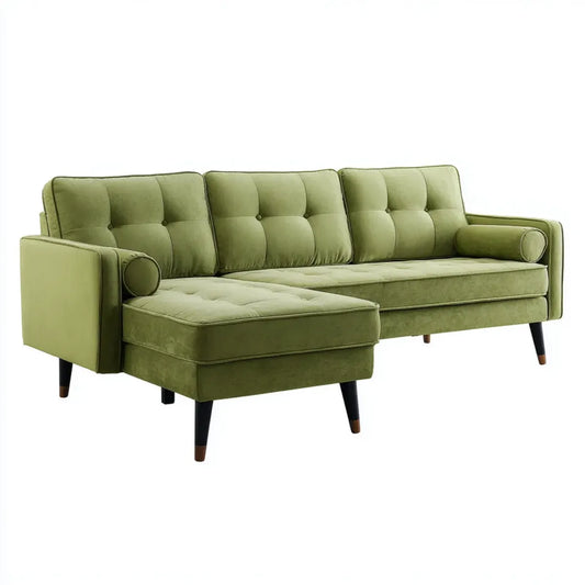 Sofa, Rożna sofa 3 oliwkowe zielone miejsca z szezlongiem lewo w poliestrowym aksamitu 220 x 145 x 85 cm