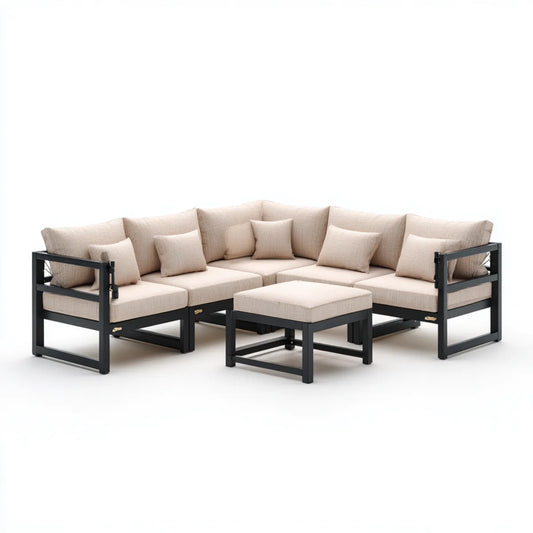 Sofa ogrodowa, Taras loungeset narożna kanapa z stolcem beżowym czarny aluminium prostokątna 240 x 240 x 70 cm