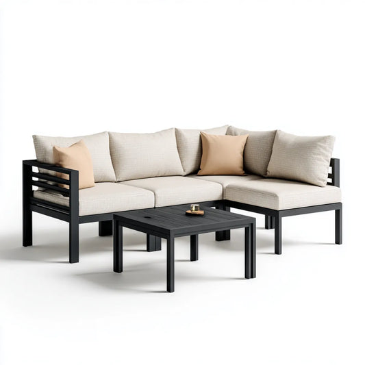 Sofa ogrodowa, 3-częściowy taras salon z narożną sofą i stolikiem do kawy Czarna beżowy aluminium 210 x 210 x 65 cm stół 100 x 60 x 45 cm